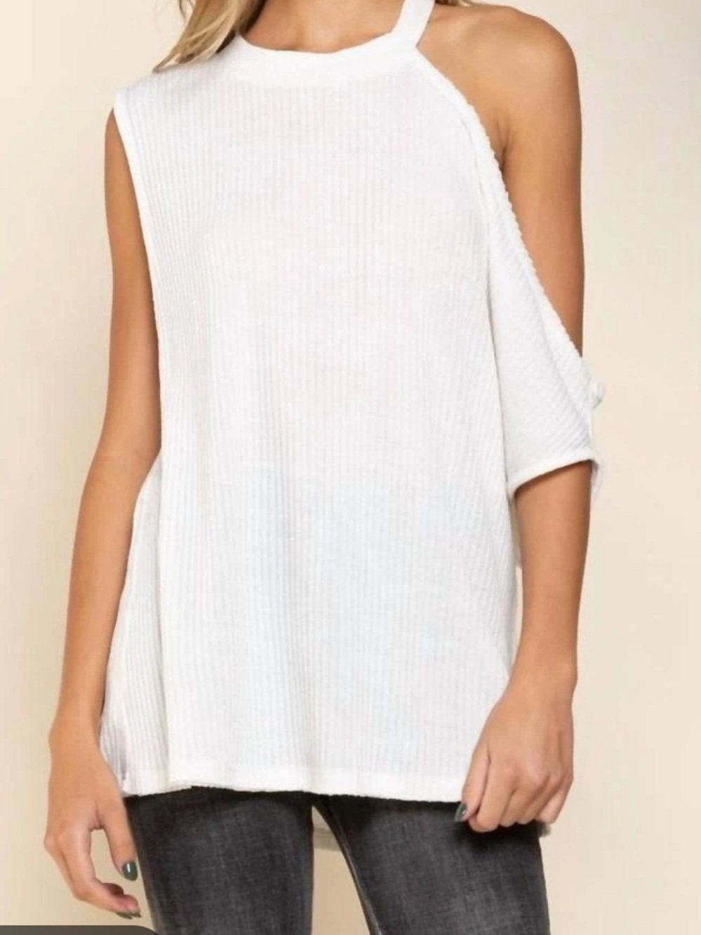 POL One Shoulder Ribbed Top Cream Small Boho Coastal Oversized